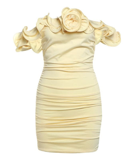 Buttercream Dream: Elegant Off-Shoulder Rosette Ruched Mini Dress - Your Chic Choice for Fall & Holiday Parties