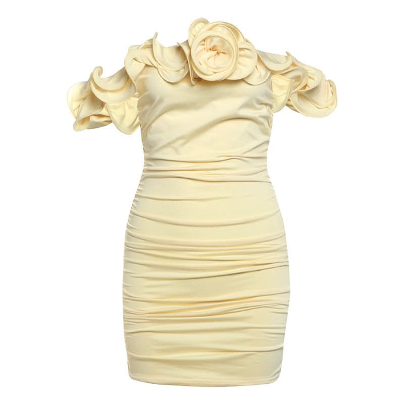 Buttercream Dream: Elegant Off-Shoulder Rosette Ruched Mini Dress - Your Chic Choice for Fall & Holiday Parties