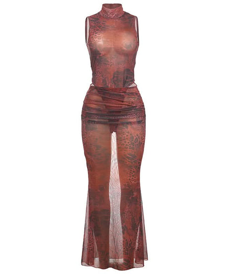 Fierce Instincts Sheer Mesh Mock Neck Maxi Set - Animal Print Party & Resort Ready
