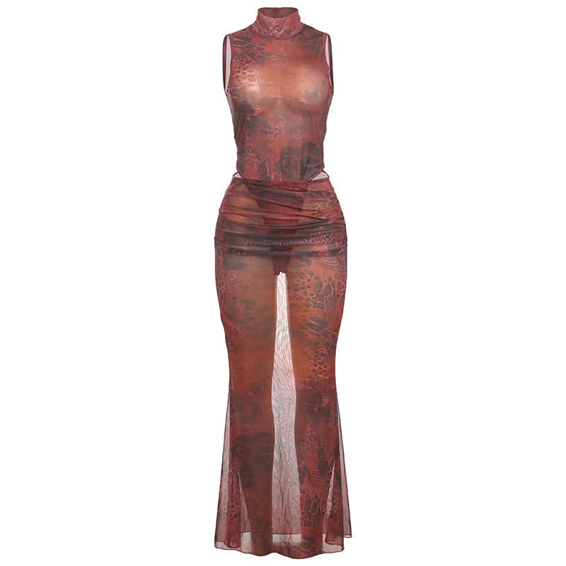 Fierce Instincts Sheer Mesh Mock Neck Maxi Set - Animal Print Party & Resort Ready