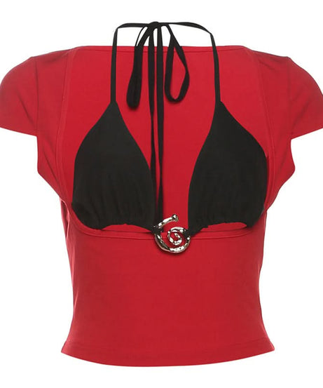 Y2K Edgy Chic: Red & Black Halter O-Ring Crop Top - Fall Party & Night Out Statement