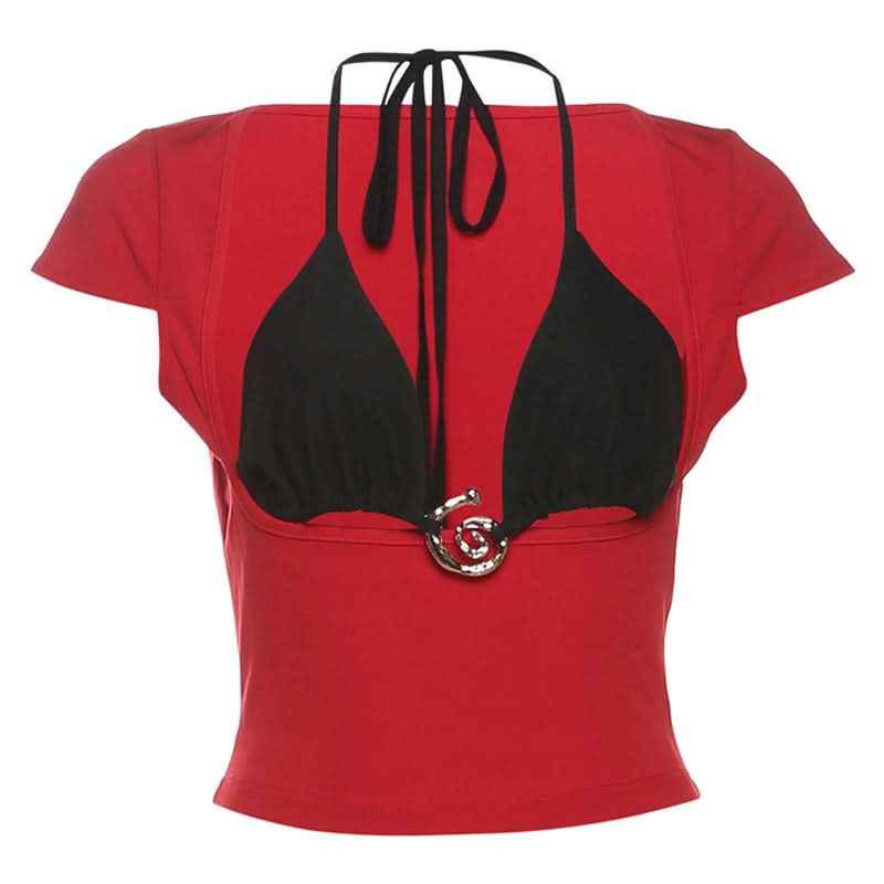 Y2K Edgy Chic: Red & Black Halter O-Ring Crop Top - Fall Party & Night Out Statement