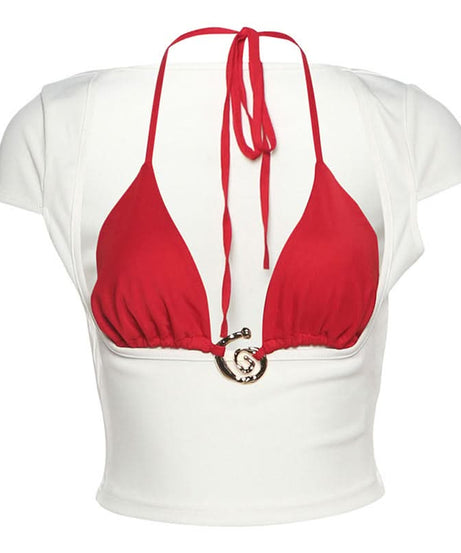 Y2K Edgy Chic: Red & Black Halter O-Ring Crop Top - Fall Party & Night Out Statement