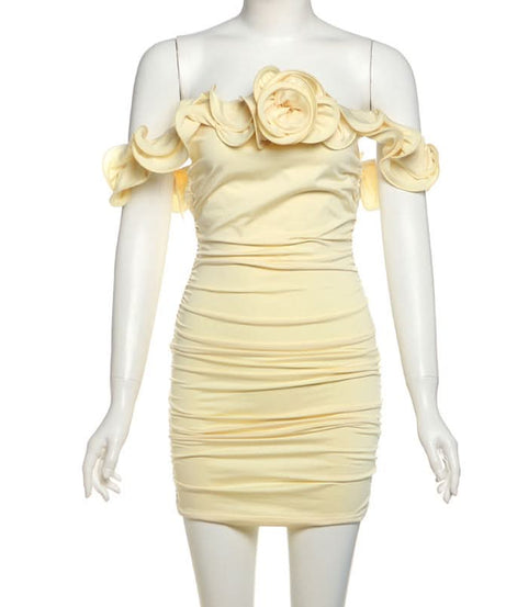 Buttercream Dream: Elegant Off-Shoulder Rosette Ruched Mini Dress - Your Chic Choice for Fall & Holiday Parties