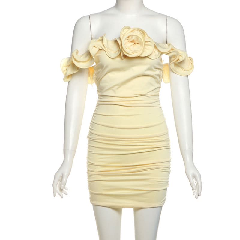 Buttercream Dream: Elegant Off-Shoulder Rosette Ruched Mini Dress - Your Chic Choice for Fall & Holiday Parties