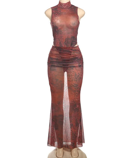 Fierce Instincts Sheer Mesh Mock Neck Maxi Set - Animal Print Party & Resort Ready