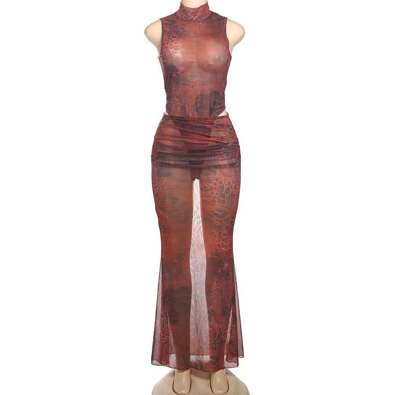 Fierce Instincts Sheer Mesh Mock Neck Maxi Set - Animal Print Party & Resort Ready