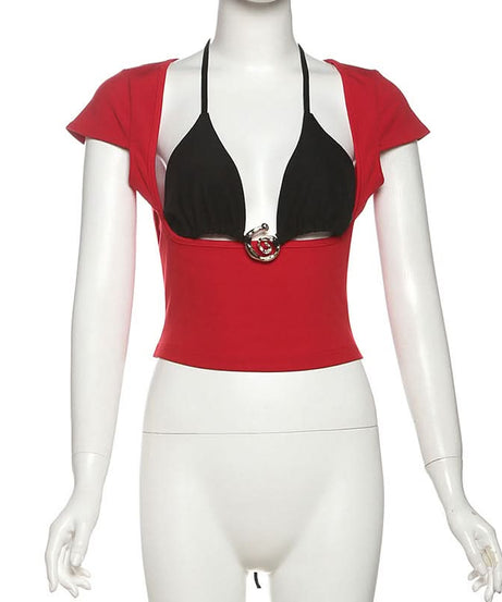 Y2K Edgy Chic: Red & Black Halter O-Ring Crop Top - Fall Party & Night Out Statement