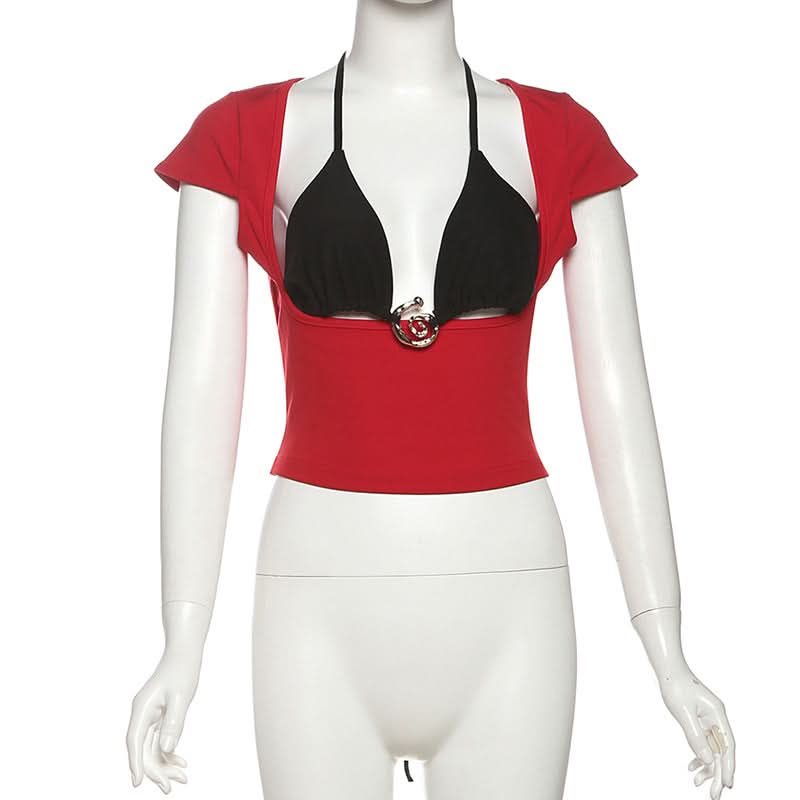 Y2K Edgy Chic: Red & Black Halter O-Ring Crop Top - Fall Party & Night Out Statement