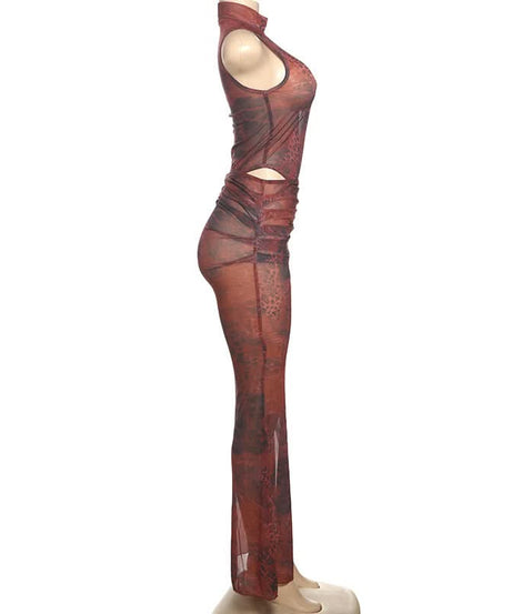 Fierce Instincts Sheer Mesh Mock Neck Maxi Set - Animal Print Party & Resort Ready