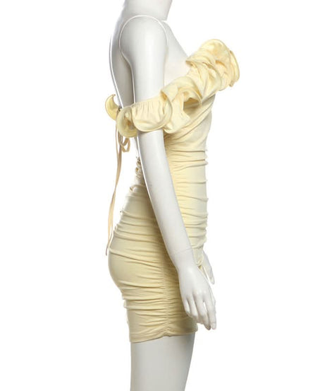 Buttercream Dream: Elegant Off-Shoulder Rosette Ruched Mini Dress - Your Chic Choice for Fall & Holiday Parties