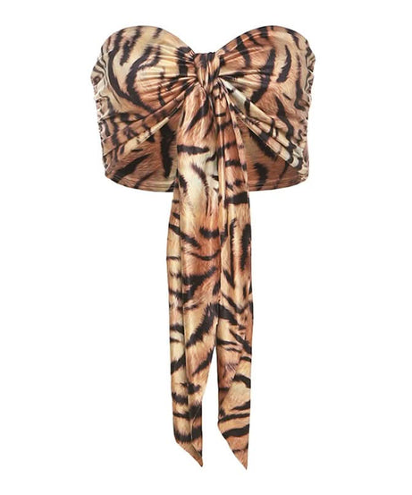 Savage Chic Tiger Print Sweetheart Tie-Front Bandeau Top - Fall & Holiday Statement Piece