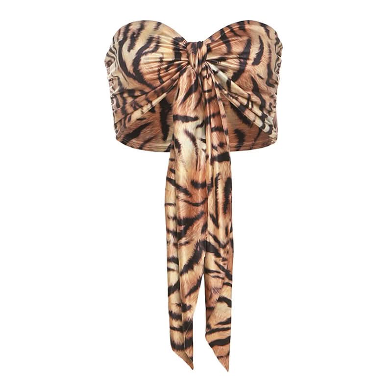 Savage Chic Tiger Print Sweetheart Tie-Front Bandeau Top - Fall & Holiday Statement Piece