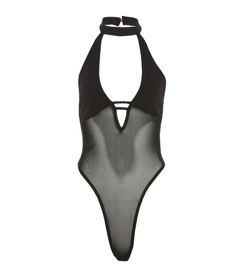 Sultry Black Mesh Halter Bodysuit - Your Essential for Fall Nights & Halloween Parties