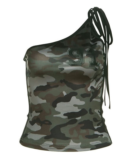 Fall Camo '91' One Shoulder Tie Tank Top - Chic Asymmetrical Street Style for Women