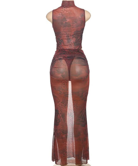 Fierce Instincts Sheer Mesh Mock Neck Maxi Set - Animal Print Party & Resort Ready