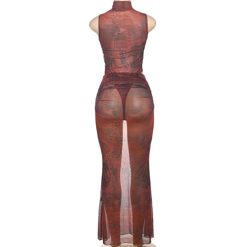 Fierce Instincts Sheer Mesh Mock Neck Maxi Set - Animal Print Party & Resort Ready