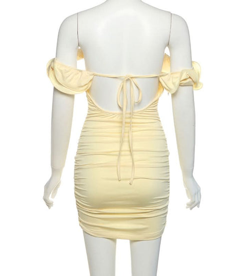 Buttercream Dream: Elegant Off-Shoulder Rosette Ruched Mini Dress - Your Chic Choice for Fall & Holiday Parties