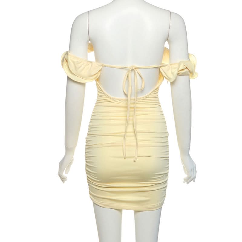 Buttercream Dream: Elegant Off-Shoulder Rosette Ruched Mini Dress - Your Chic Choice for Fall & Holiday Parties