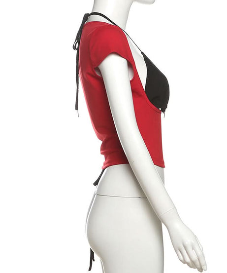 Y2K Edgy Chic: Red & Black Halter O-Ring Crop Top - Fall Party & Night Out Statement