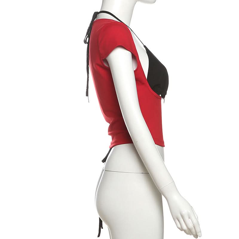 Y2K Edgy Chic: Red & Black Halter O-Ring Crop Top - Fall Party & Night Out Statement