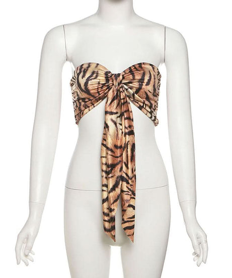 Savage Chic Tiger Print Sweetheart Tie-Front Bandeau Top - Fall & Holiday Statement Piece