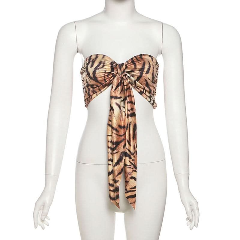Savage Chic Tiger Print Sweetheart Tie-Front Bandeau Top - Fall & Holiday Statement Piece