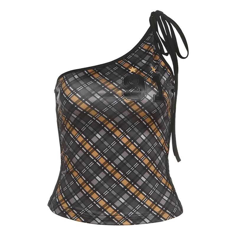 Fall Camo '91' One Shoulder Tie Tank Top - Chic Asymmetrical Street Style for Women