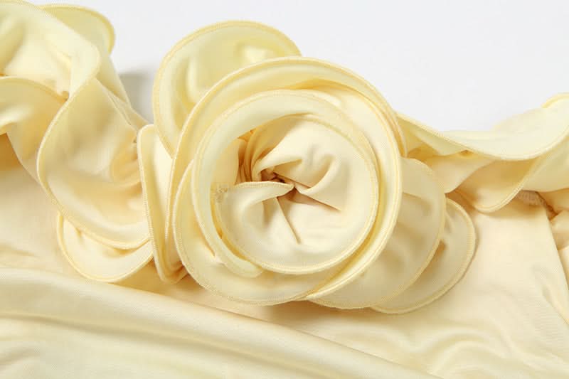 Buttercream Dream: Elegant Off-Shoulder Rosette Ruched Mini Dress - Your Chic Choice for Fall & Holiday Parties