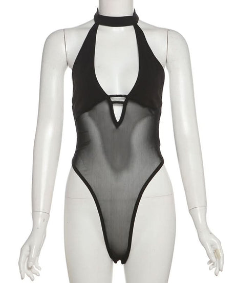 Sultry Black Mesh Halter Bodysuit - Your Essential for Fall Nights & Halloween Parties