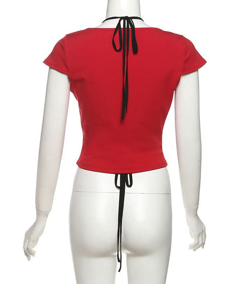 Y2K Edgy Chic: Red & Black Halter O-Ring Crop Top - Fall Party & Night Out Statement