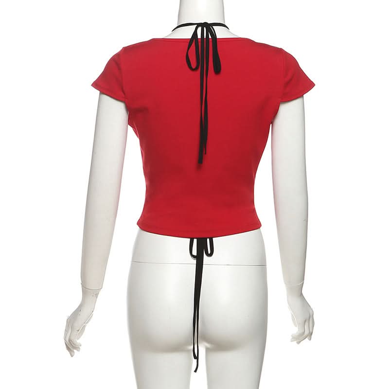 Y2K Edgy Chic: Red & Black Halter O-Ring Crop Top - Fall Party & Night Out Statement