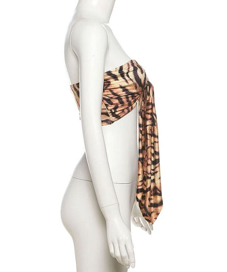 Savage Chic Tiger Print Sweetheart Tie-Front Bandeau Top - Fall & Holiday Statement Piece