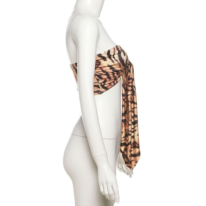 Savage Chic Tiger Print Sweetheart Tie-Front Bandeau Top - Fall & Holiday Statement Piece