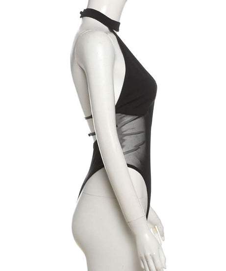 Sultry Black Mesh Halter Bodysuit - Your Essential for Fall Nights & Halloween Parties