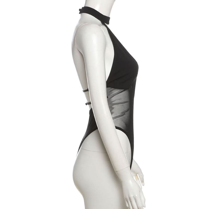 Sultry Black Mesh Halter Bodysuit - Your Essential for Fall Nights & Halloween Parties