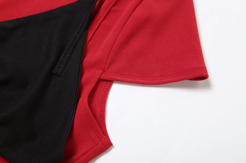 Y2K Edgy Chic: Red & Black Halter O-Ring Crop Top - Fall Party & Night Out Statement