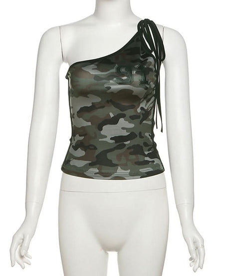 Fall Camo '91' One Shoulder Tie Tank Top - Chic Asymmetrical Street Style for Women