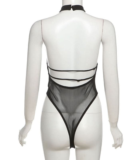 Sultry Black Mesh Halter Bodysuit - Your Essential for Fall Nights & Halloween Parties