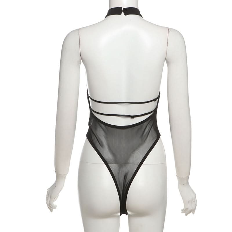 Sultry Black Mesh Halter Bodysuit - Your Essential for Fall Nights & Halloween Parties