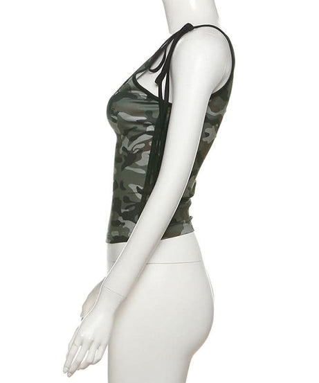 Fall Camo '91' One Shoulder Tie Tank Top - Chic Asymmetrical Street Style for Women