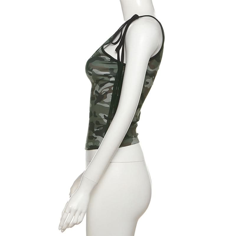 Fall Camo '91' One Shoulder Tie Tank Top - Chic Asymmetrical Street Style for Women