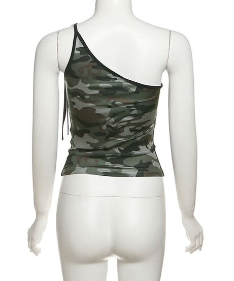 Fall Camo '91' One Shoulder Tie Tank Top - Chic Asymmetrical Street Style for Women