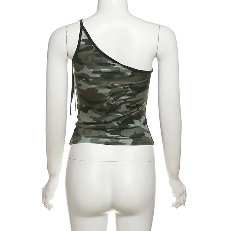 Fall Camo '91' One Shoulder Tie Tank Top - Chic Asymmetrical Street Style for Women