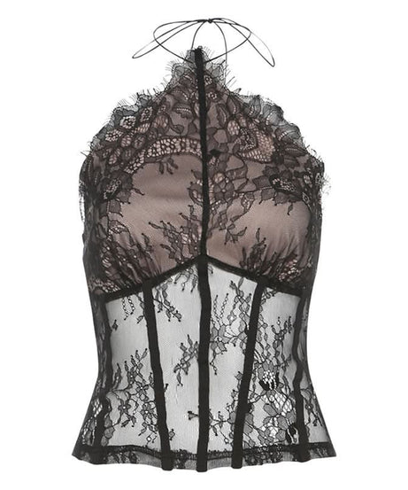 Alluring Black Lace Halter Corset Top – Fall Night Out & Halloween Party Essential