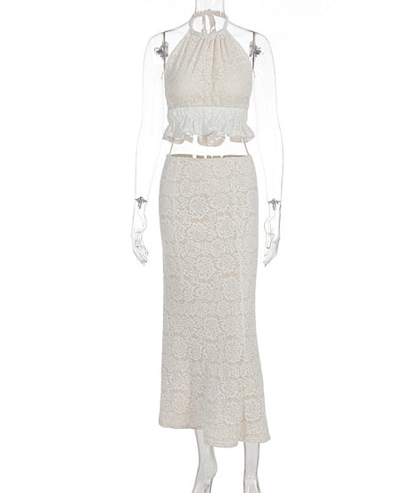 Elegant Cream Lace Halter Crop Top & Maxi Skirt Set | Chic for Fall Getaways & Resort Vacations