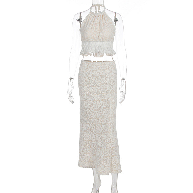 Elegant Cream Lace Halter Crop Top & Maxi Skirt Set | Chic for Fall Getaways & Resort Vacations