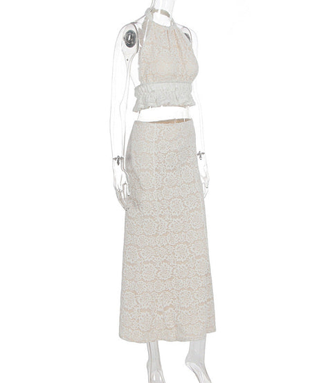 Elegant Cream Lace Halter Crop Top & Maxi Skirt Set | Chic for Fall Getaways & Resort Vacations