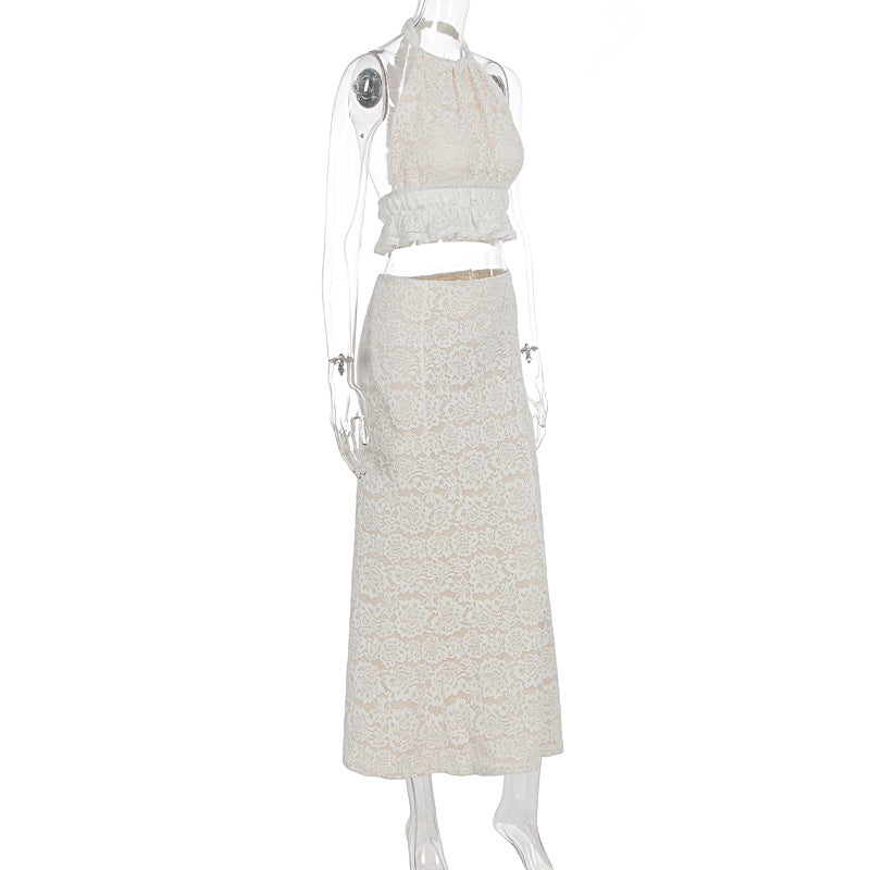 Elegant Cream Lace Halter Crop Top & Maxi Skirt Set | Chic for Fall Getaways & Resort Vacations