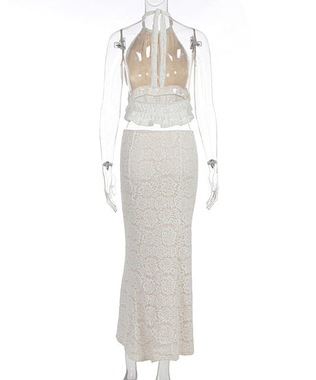 Elegant Cream Lace Halter Crop Top & Maxi Skirt Set | Chic for Fall Getaways & Resort Vacations